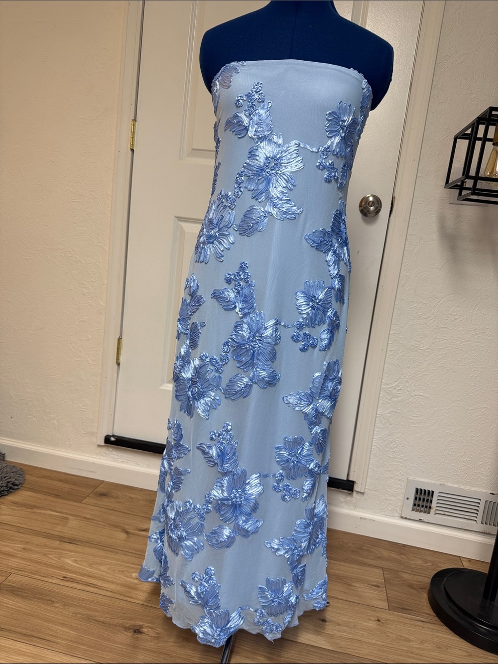 Sky Blue Strapless Floral Appliqué Gown